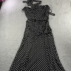 BEBE DRESS WOMENS 12 BLACK WHITE POLKA DOT NWT NEW $119 MSRP TIE NECK
